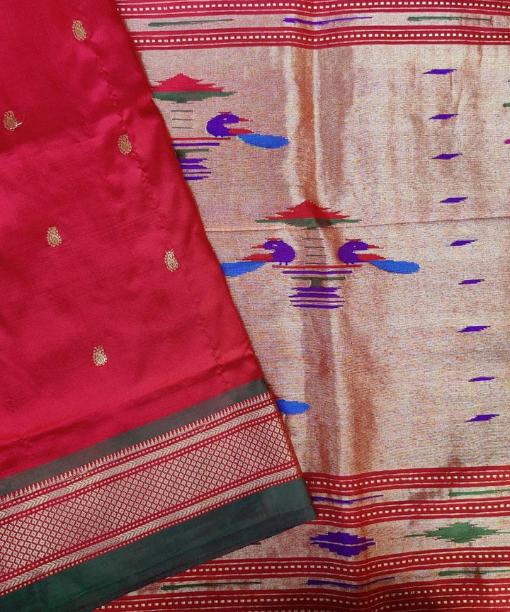 Red handloom silk paithani saree with green border