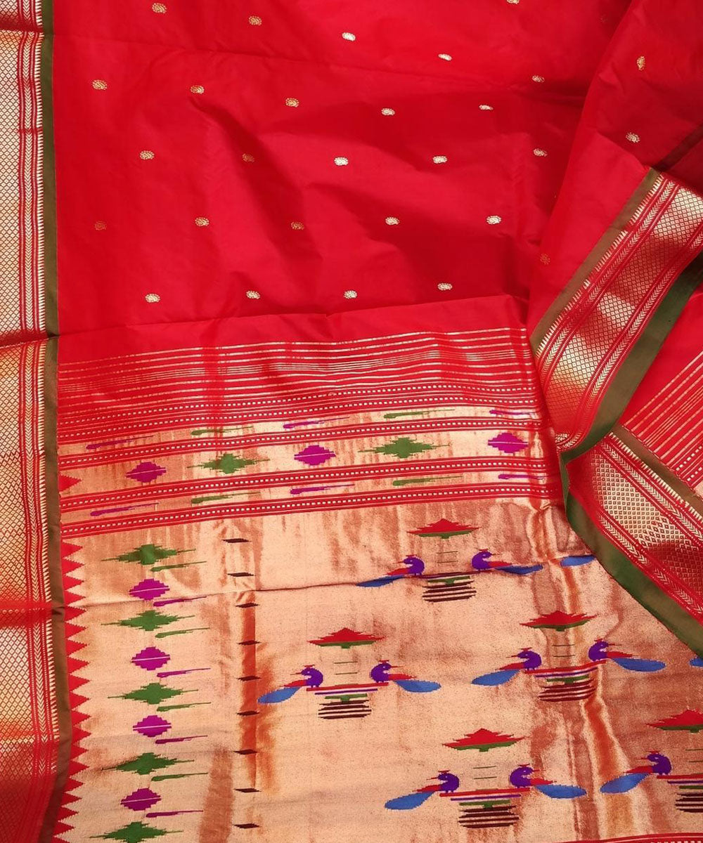 Red handloom silk paithani saree with green border