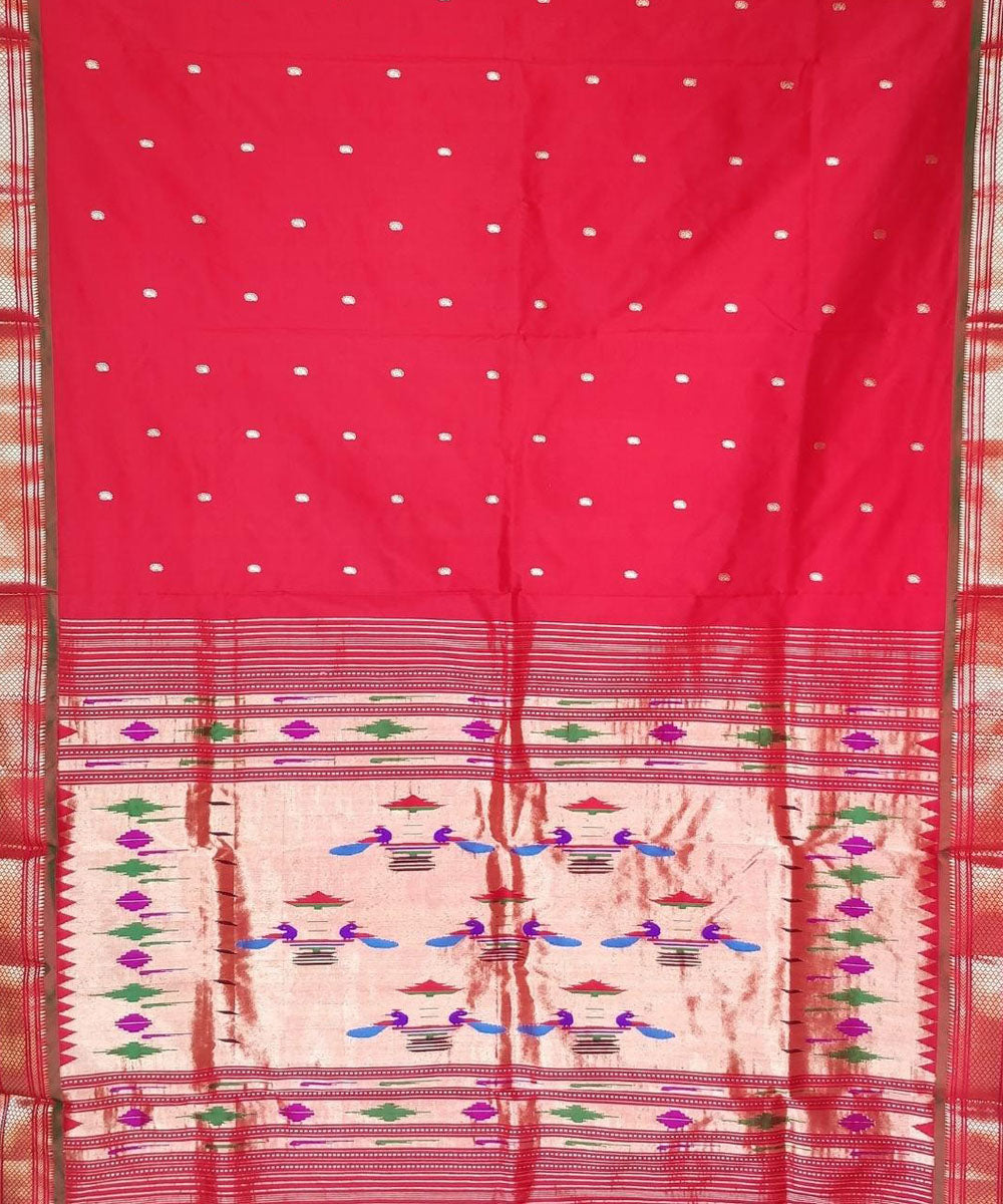 Red handloom silk paithani saree with green border