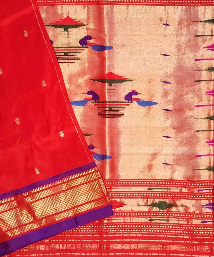 Red handloom silk paithani saree with purple border