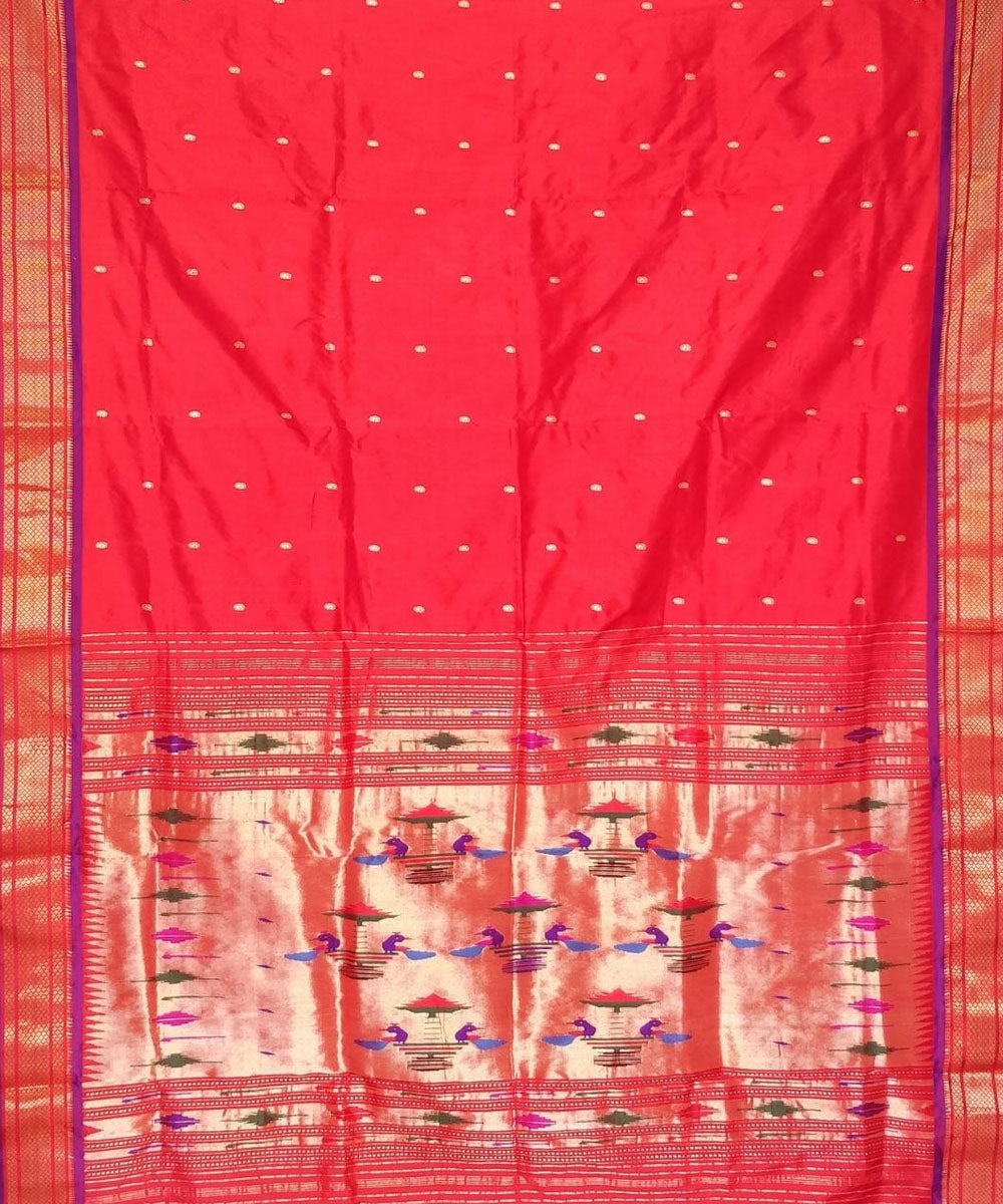 Red handloom silk paithani saree with purple border