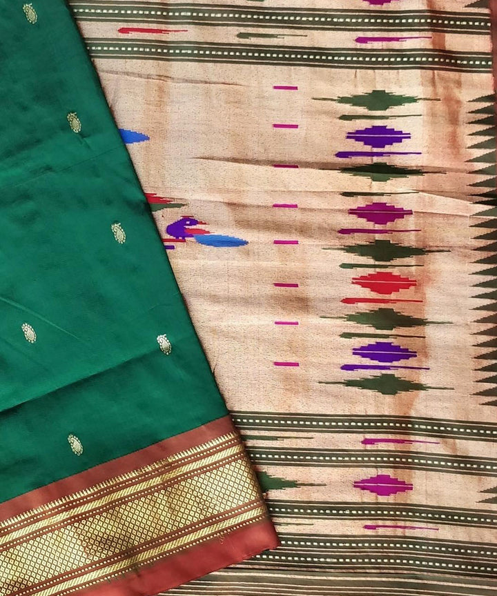 Bottle green handloom silk paithani saree with rust  border