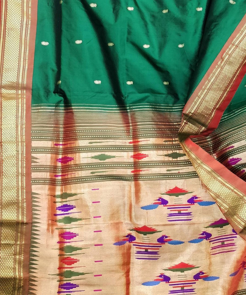 Bottle green handloom silk paithani saree with rust  border