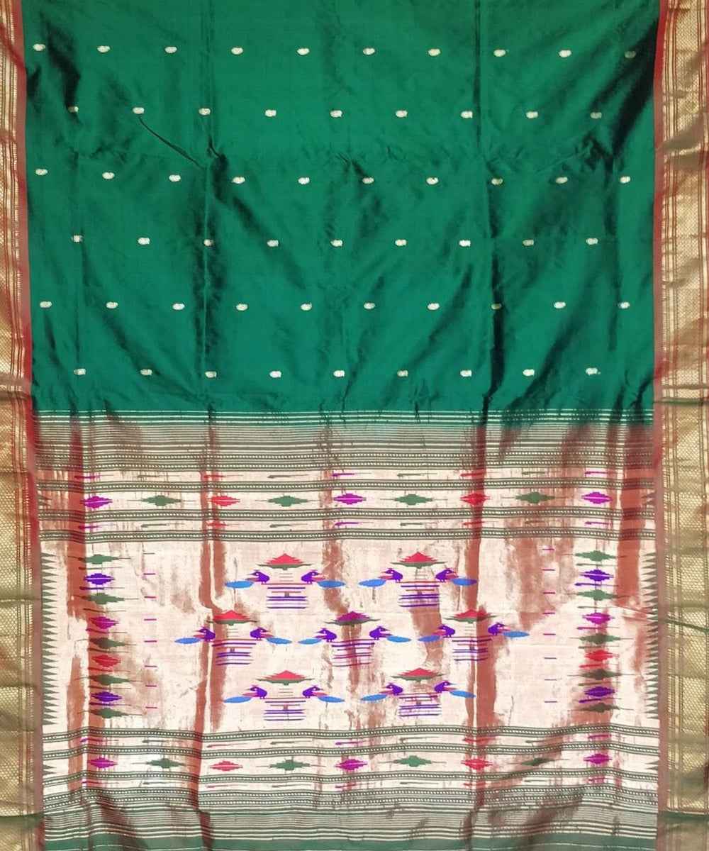 Bottle green handloom silk paithani saree with rust  border