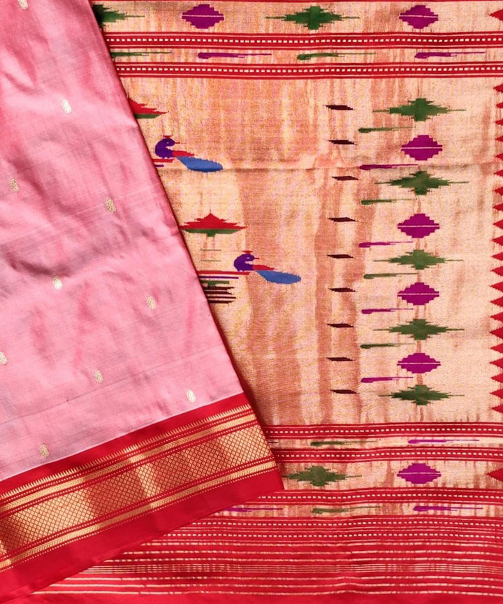 Peach pink handloom silk paithani saree with red border