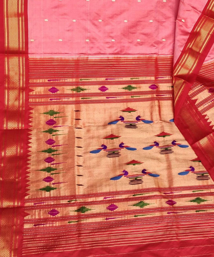 Peach pink handloom silk paithani saree with red border