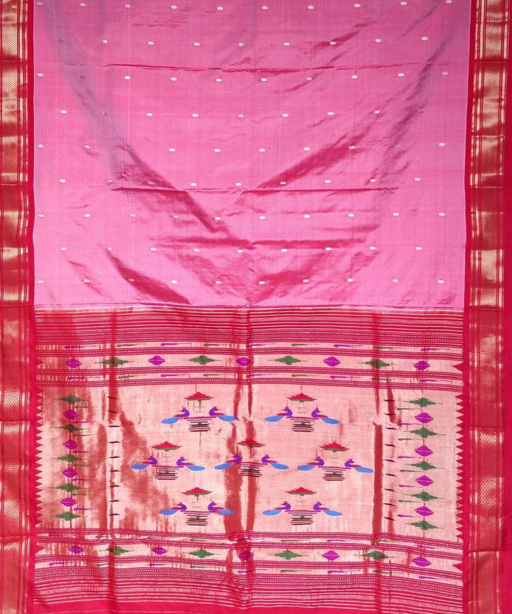 Peach pink handloom silk paithani saree with red border