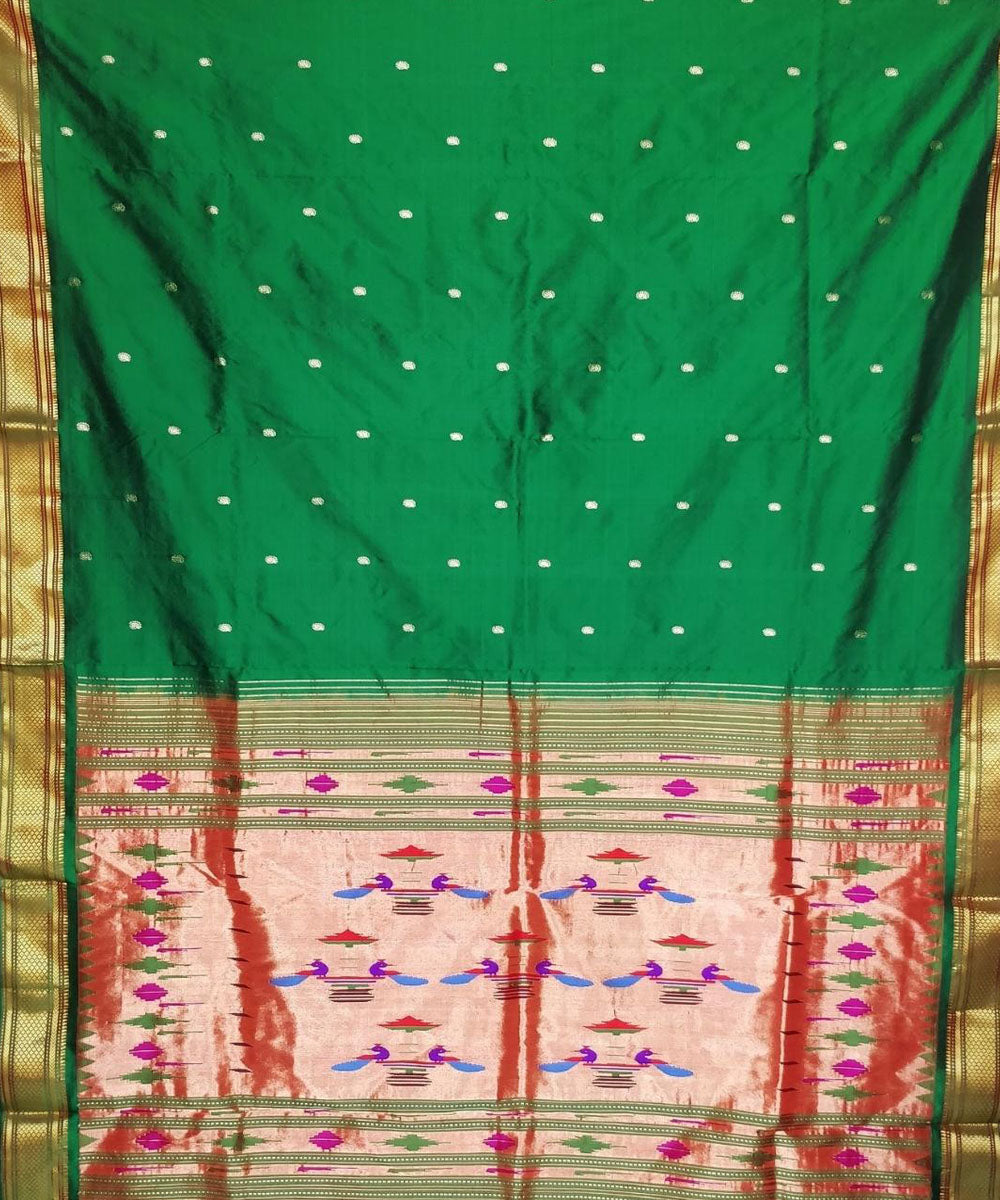 Bottle green handloom silk paithani saree