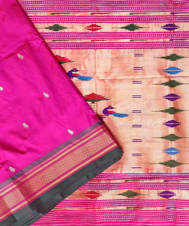 Pink handloom silk paithani saree with green border