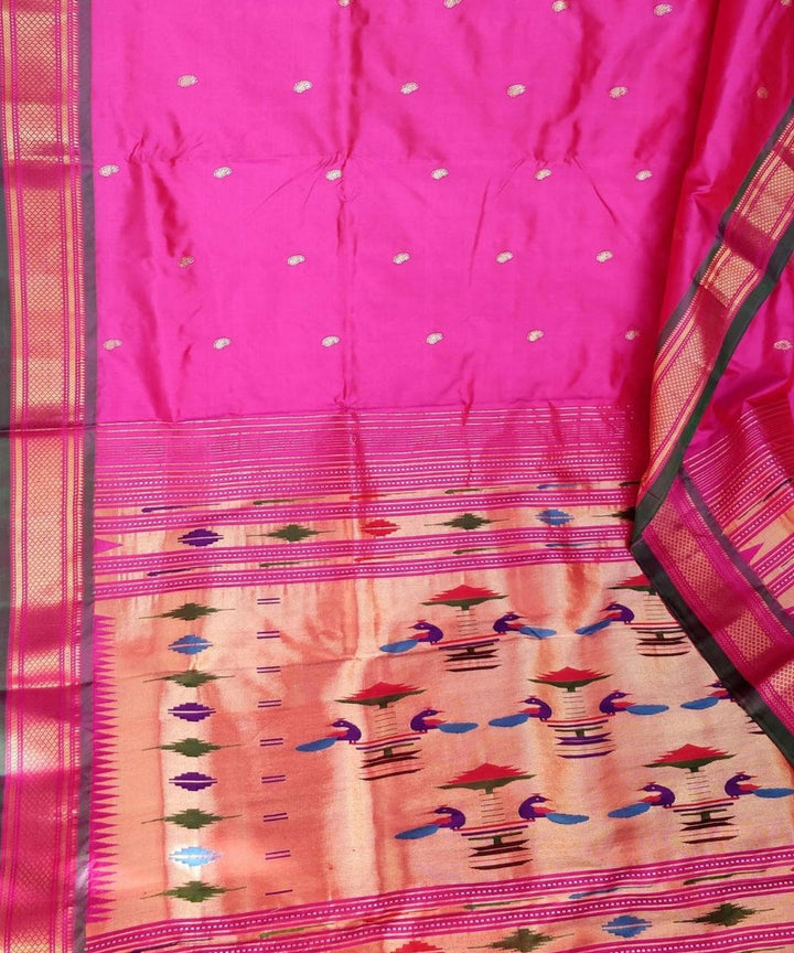 Pink handloom silk paithani saree with green border