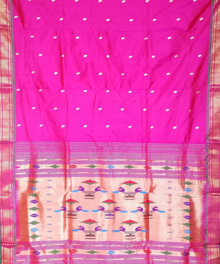 Pink handloom silk paithani saree with green border