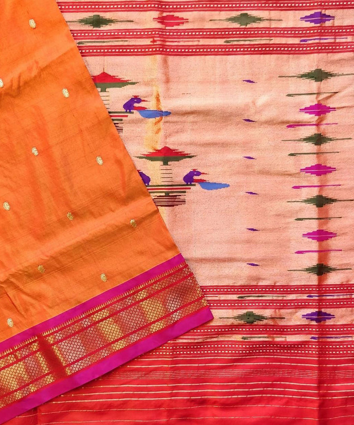 Mustard orange handloom silk paithani saree