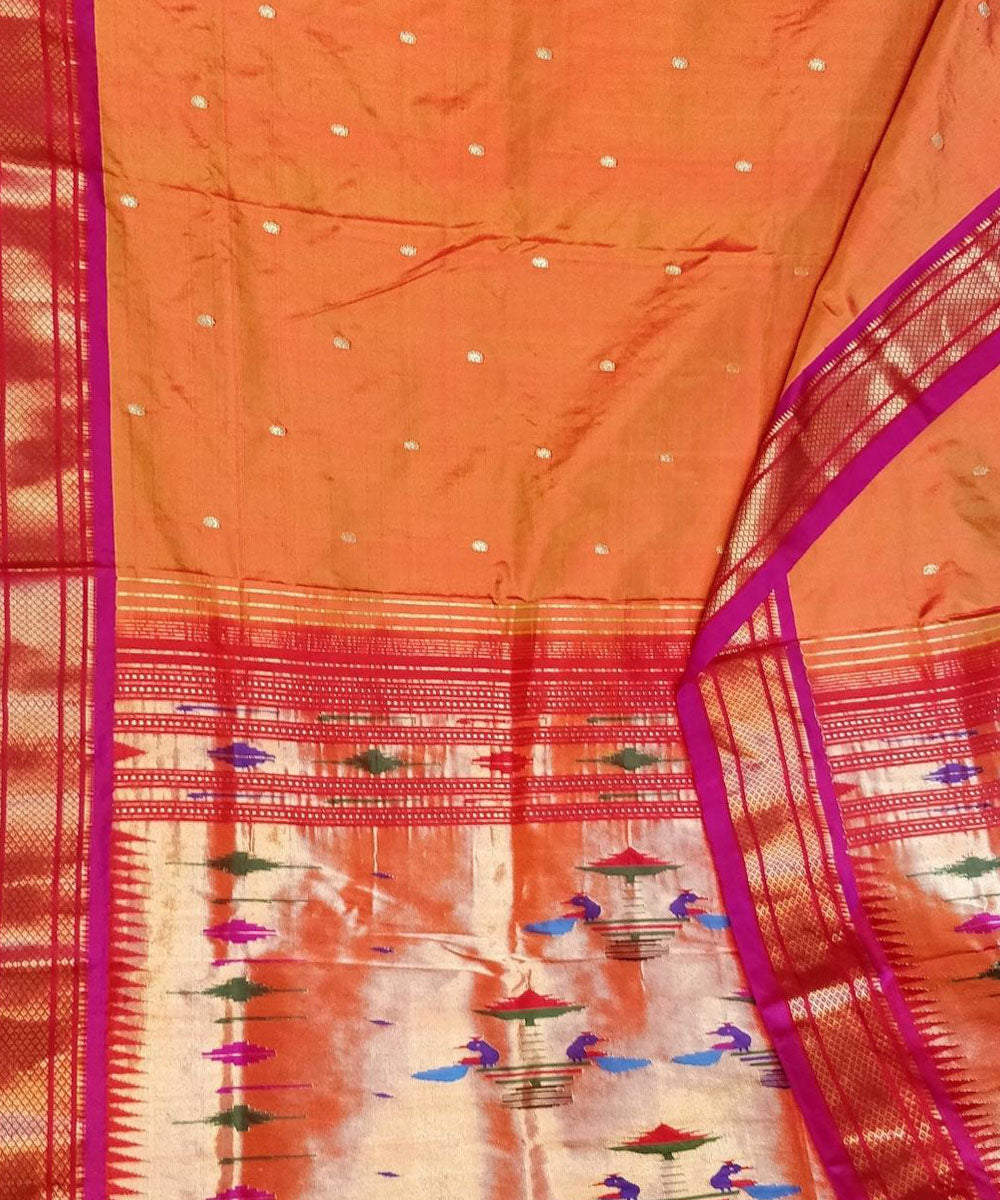 Mustard orange handloom silk paithani saree