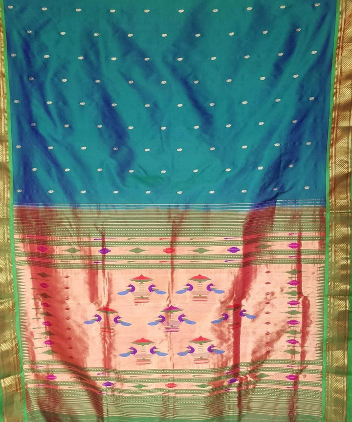 Peacock blue handloom silk paithani saree with green border