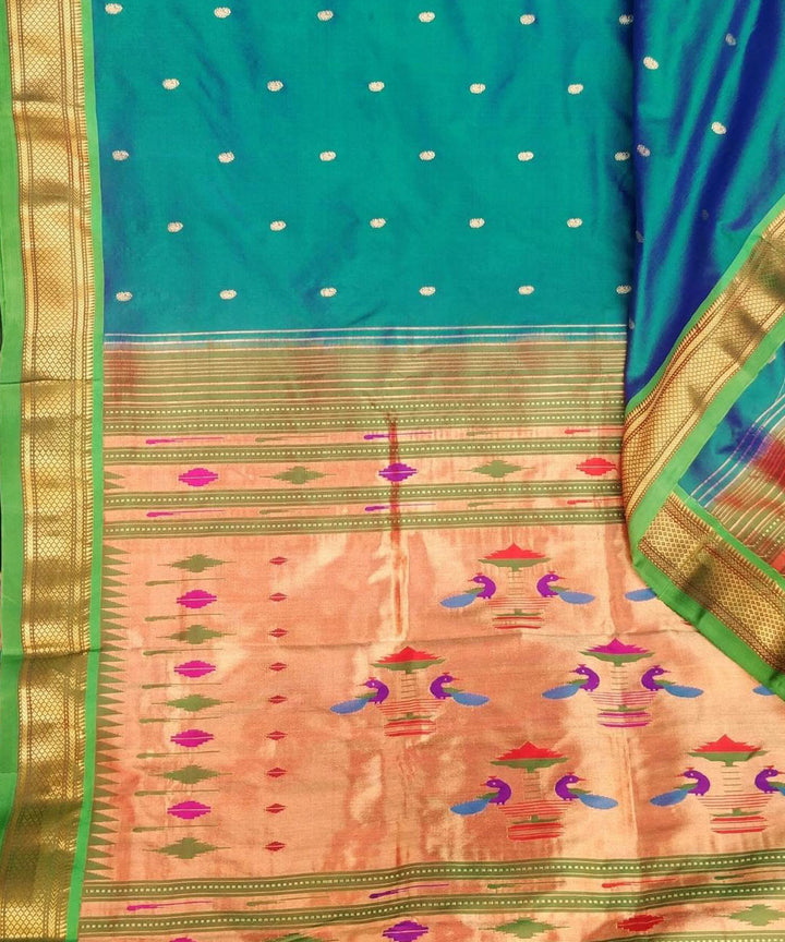 Peacock blue handloom silk paithani saree with green border