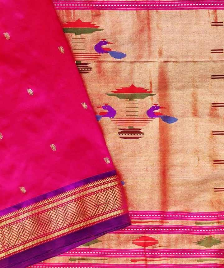 Pink handloom silk paithani saree with purple border