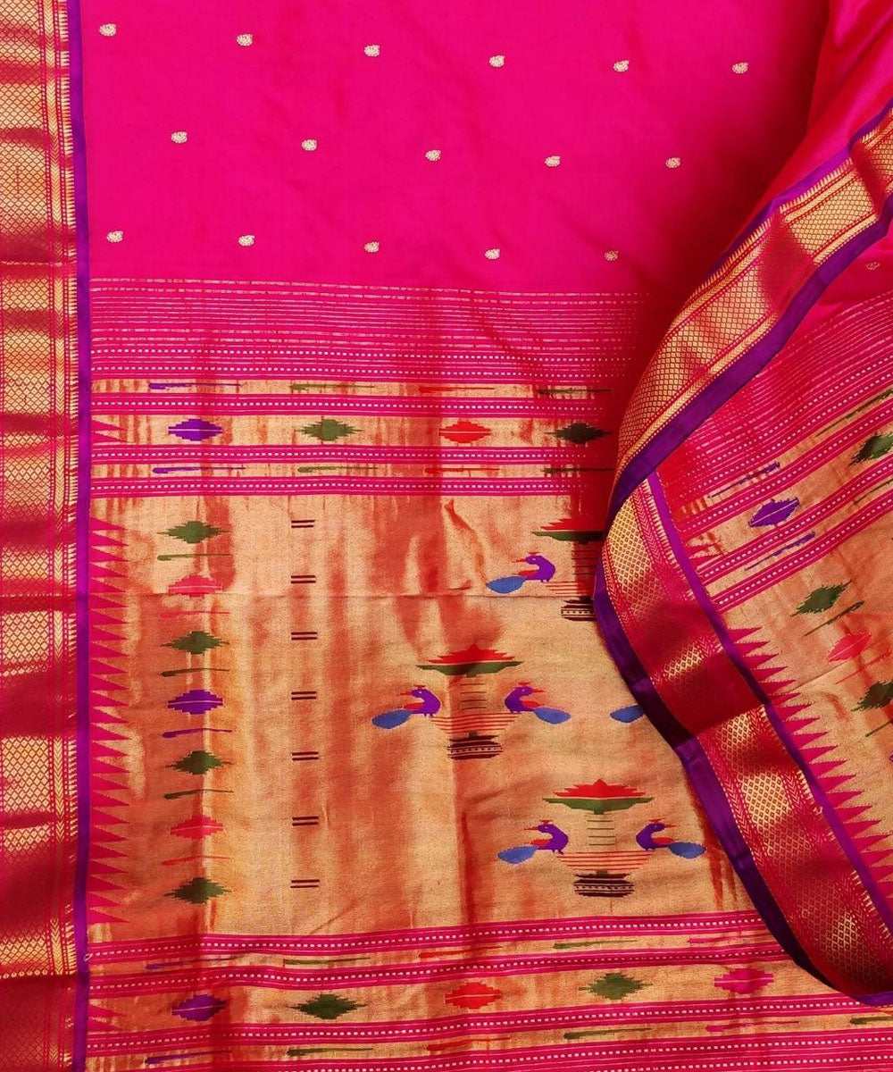 Pink handloom silk paithani saree with purple border