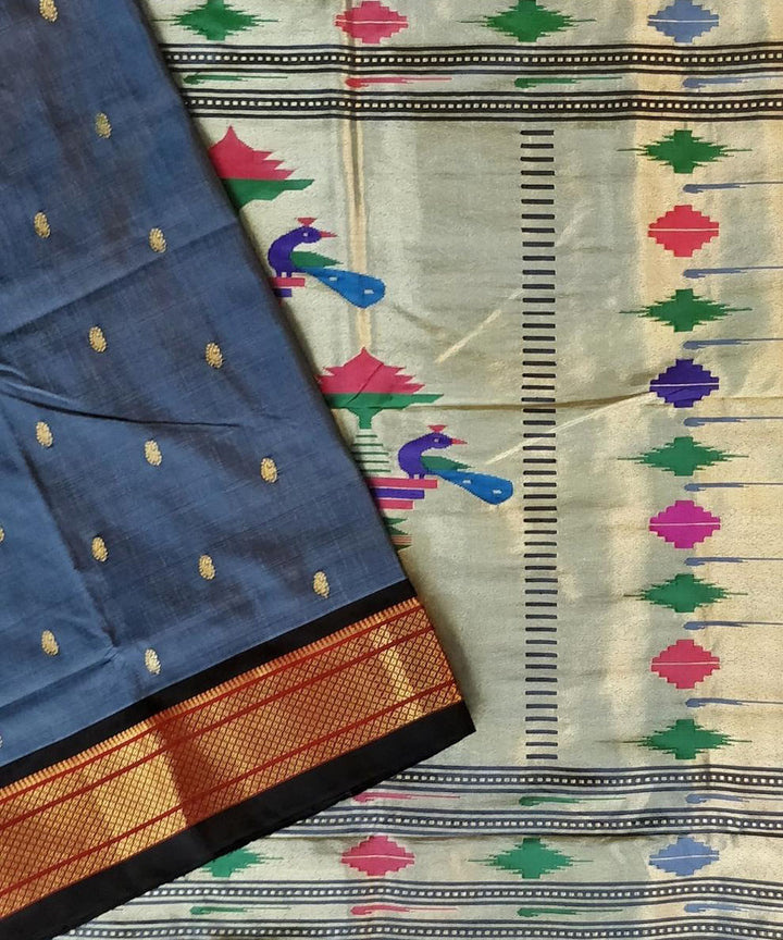 Charcoal grey handloom silk paithani saree with black border