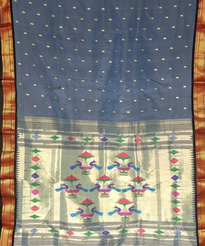 Charcoal grey handloom silk paithani saree with black border