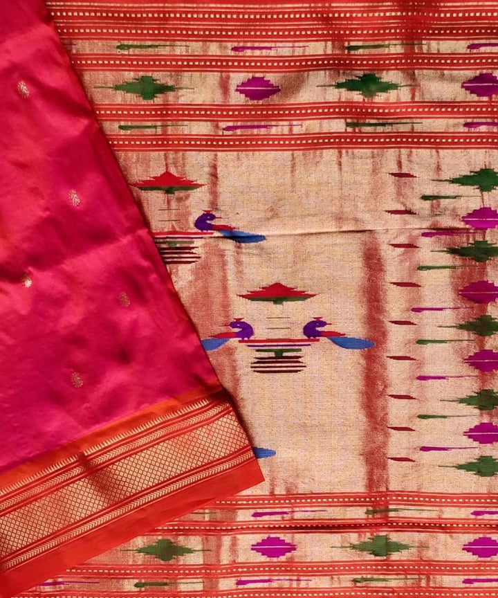 Pink handloom silk paithani saree with orange border