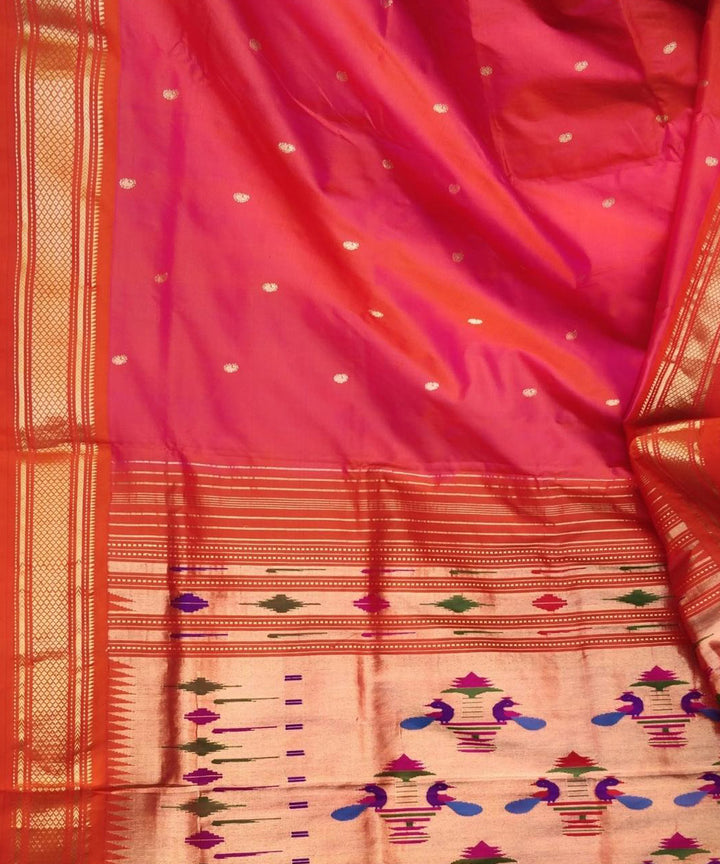 Pink handloom silk paithani saree with orange border