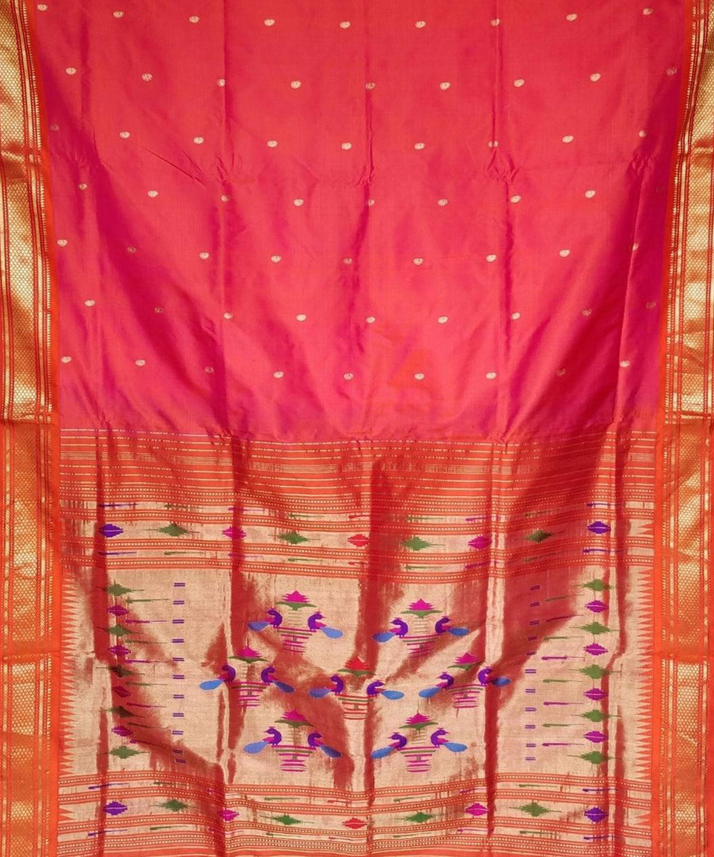 Pink handloom silk paithani saree with orange border