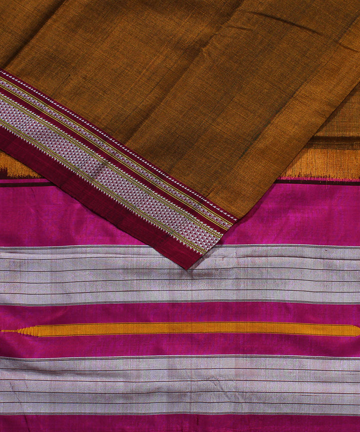 Mustard brown and pink art silk handwoven chikki paras ilkal saree