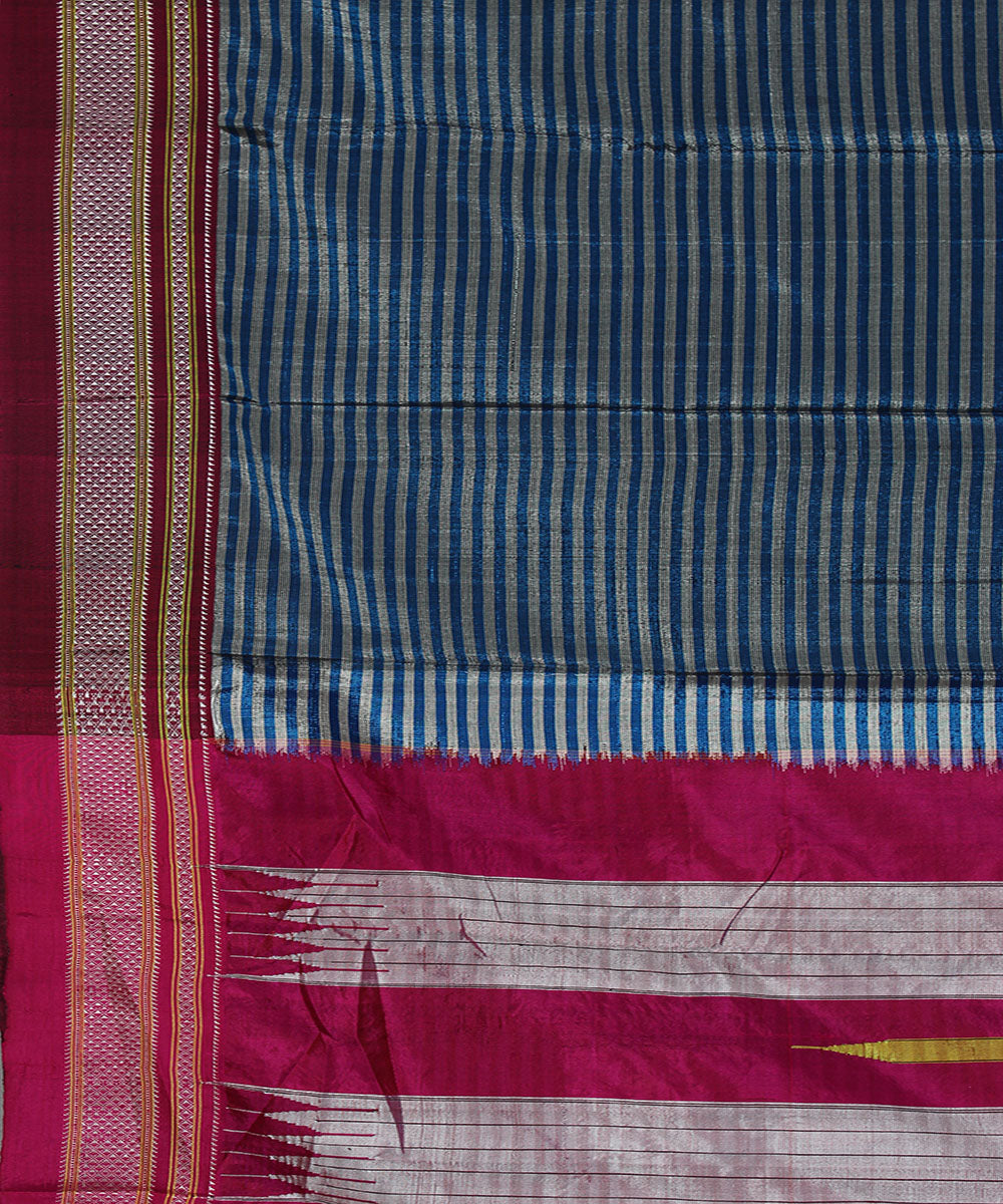 Blue and white stripes art silk handwoven chikki paras ilkal saree
