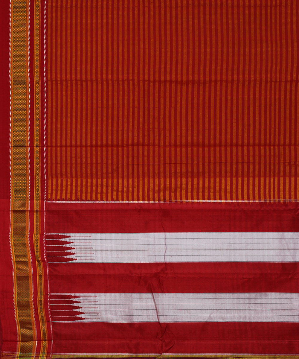 Orange red stripes art silk cotton handwoven chikki paras ilkal saree