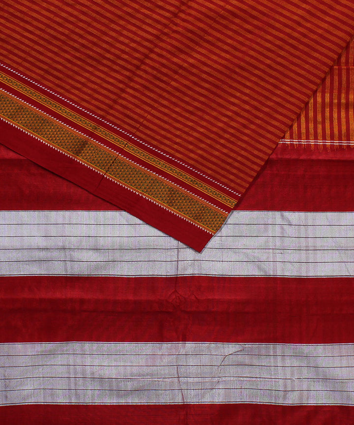 Orange red stripes art silk cotton handwoven chikki paras ilkal saree