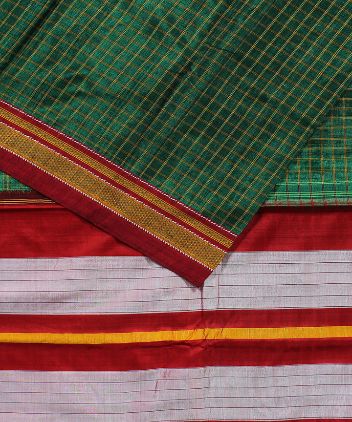 Green box checks art silk and cotton handloom chikki paras ilkal saree