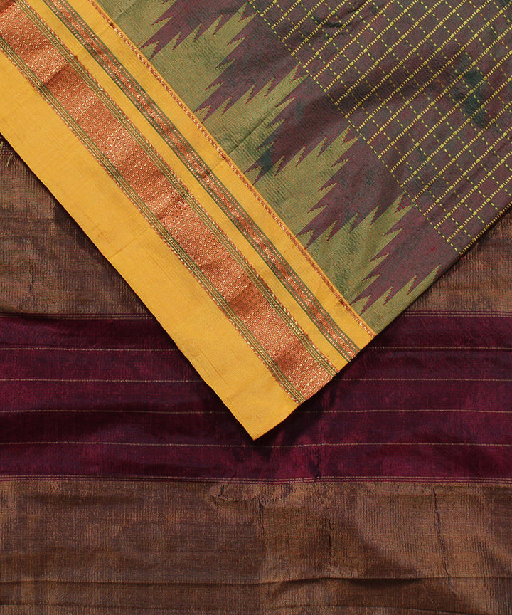 Olive green yellow checks handwoven silk ilkal saree