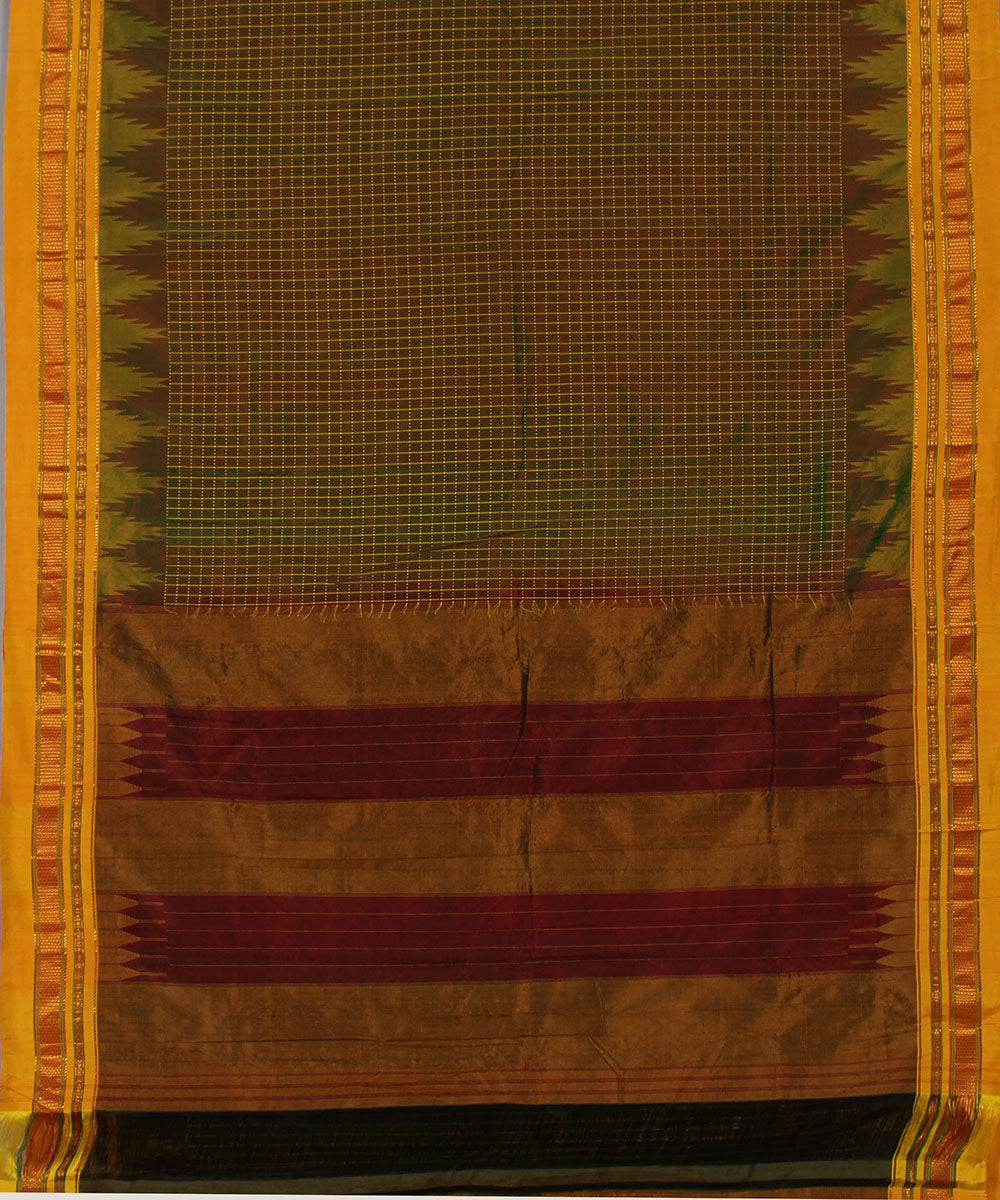 Olive green yellow checks handwoven silk ilkal saree