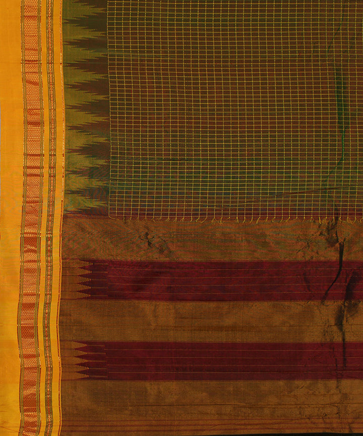 Olive green yellow checks handwoven silk ilkal saree