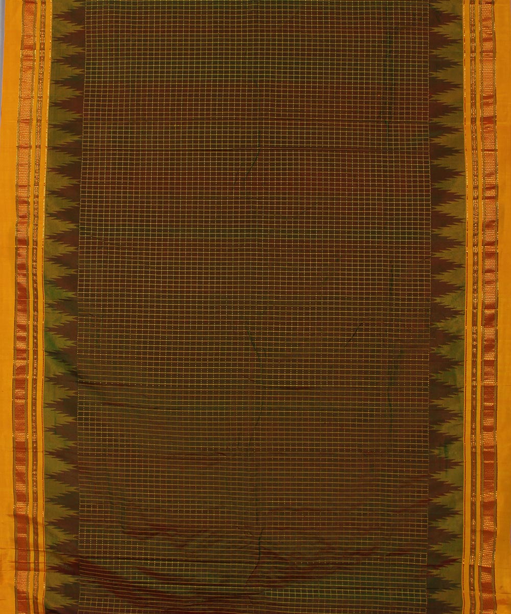 Olive green yellow checks handwoven silk ilkal saree
