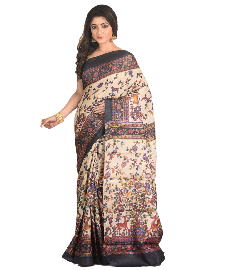 Cream black handblock printed tussar silk handloom sari