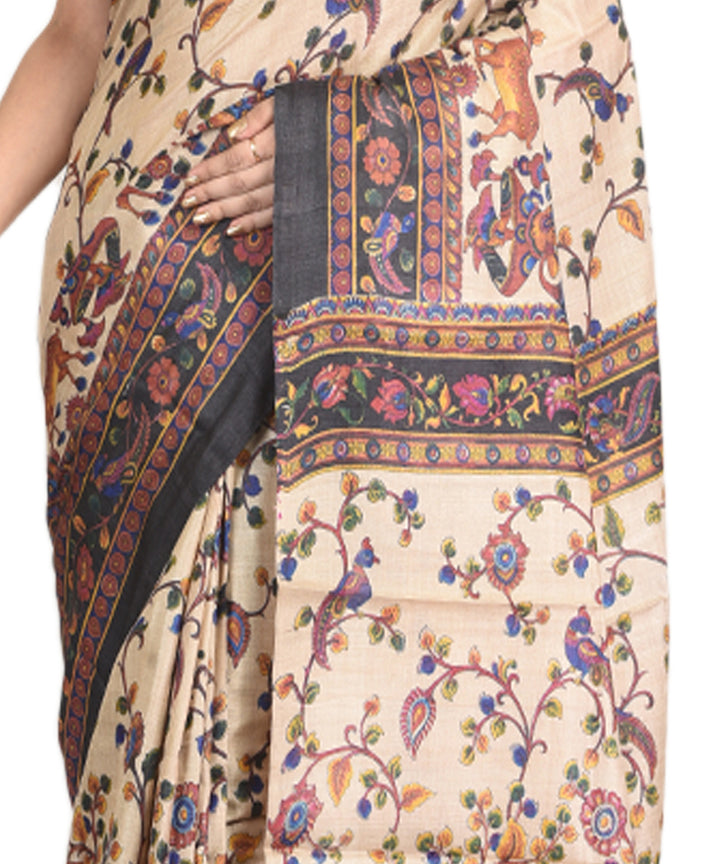 Cream black handblock printed tussar silk handloom sari