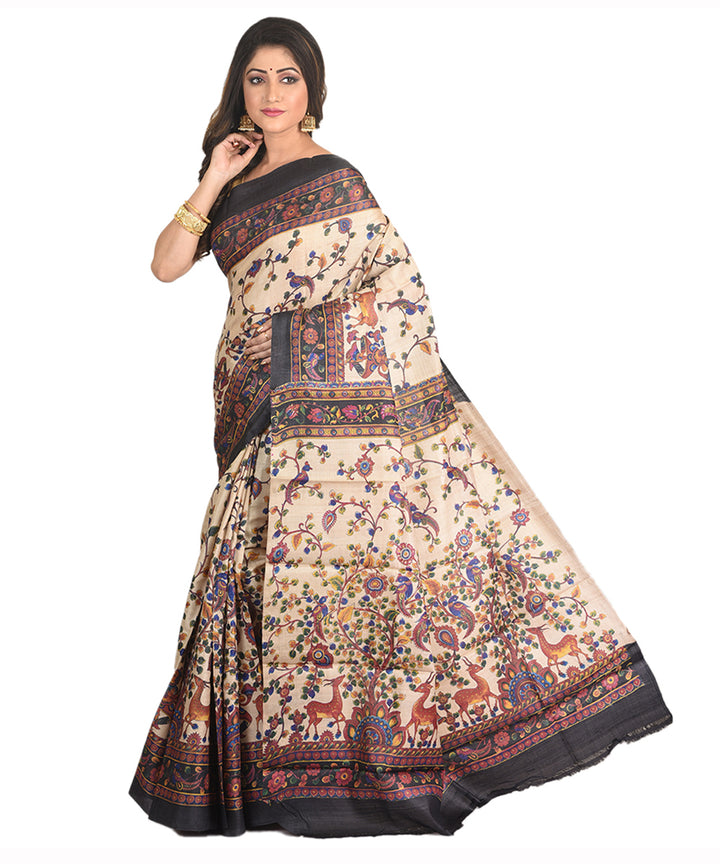 Cream black handblock printed tussar silk handloom sari