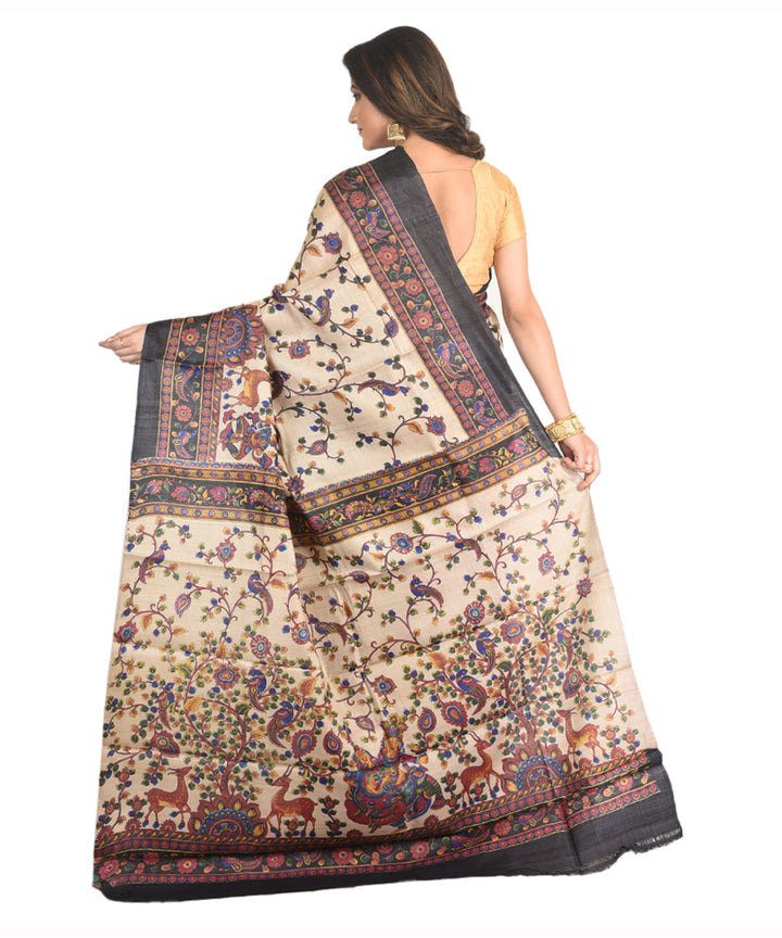 Cream black handblock printed tussar silk handloom sari