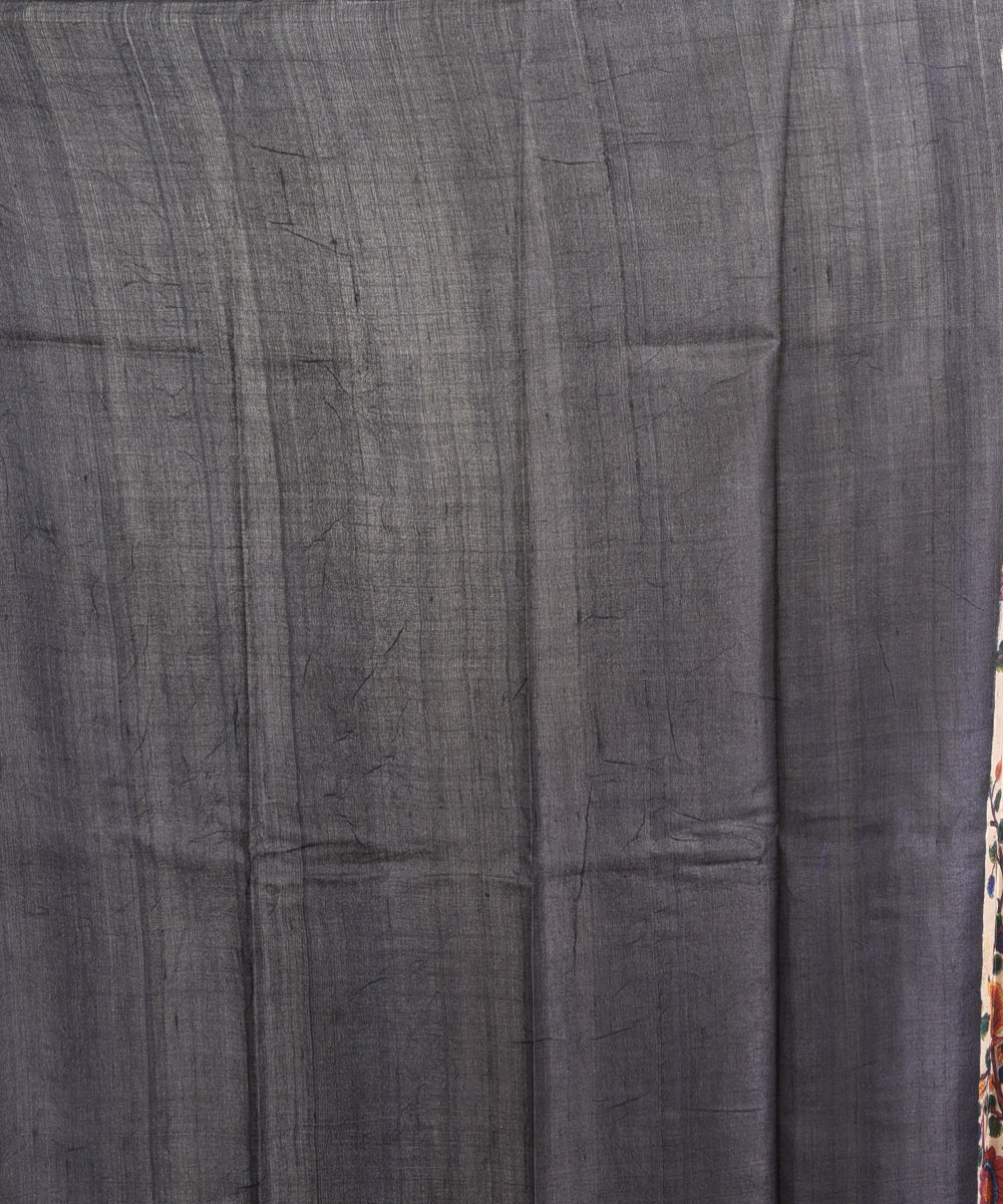 Cream black handblock printed tussar silk handloom sari
