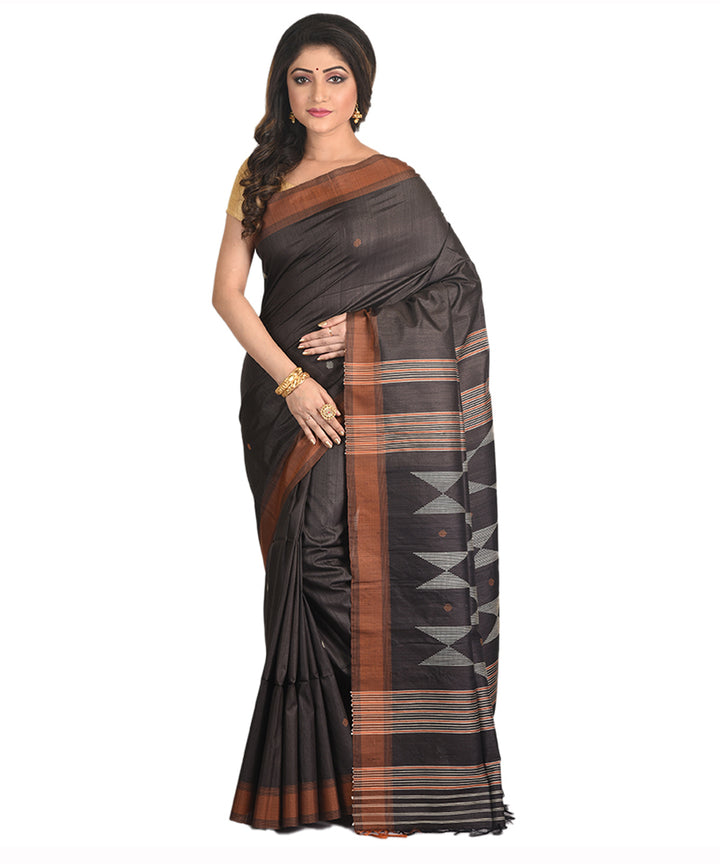 Black handwoven tussar silk sari