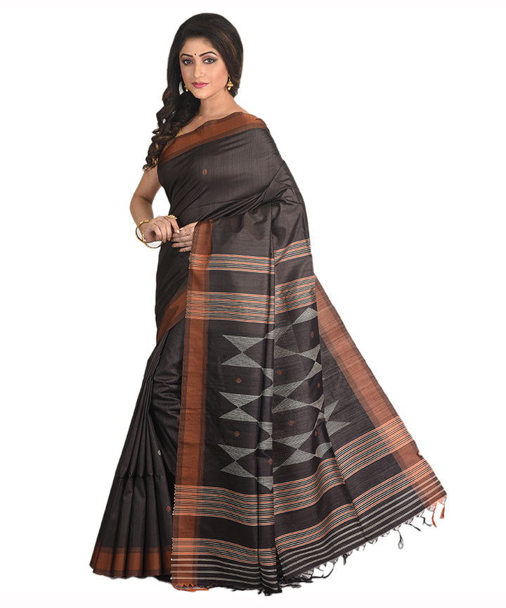 Black handwoven tussar silk sari