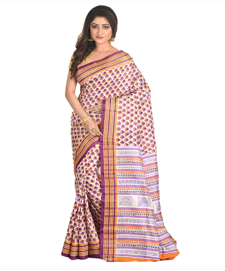 Purple orange handblock printed silk sari