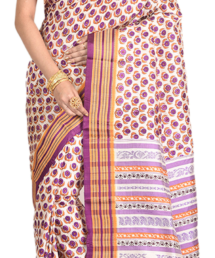 Purple orange handblock printed silk sari