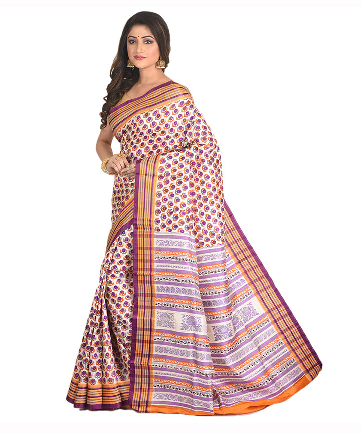 Purple orange handblock printed silk sari