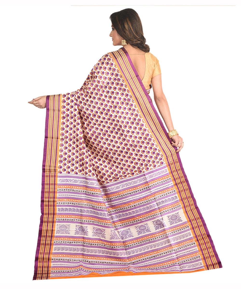 Purple orange handblock printed silk sari