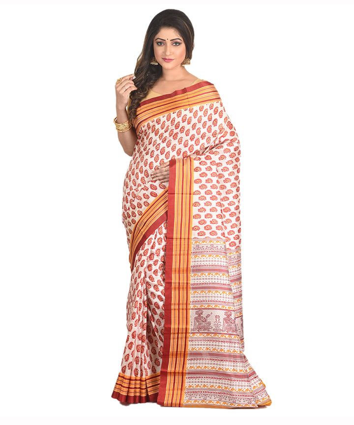 Red mustard handblock printed silk sari