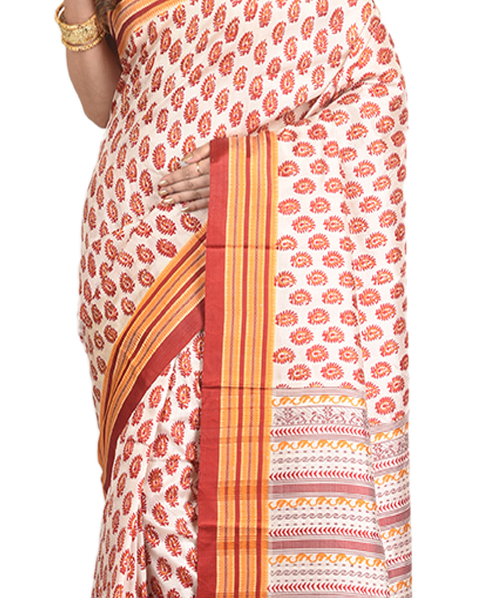 Red mustard handblock printed silk sari
