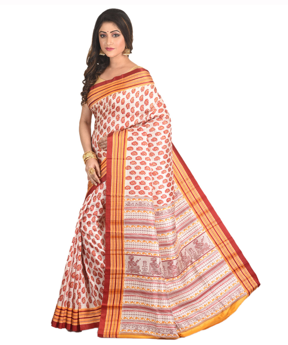 Red mustard handblock printed silk sari