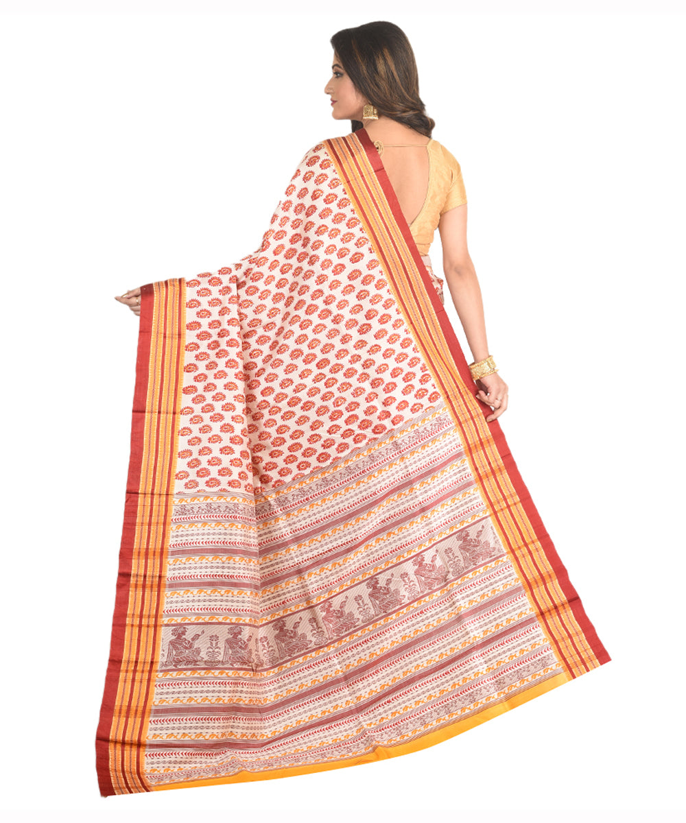 Red mustard handblock printed silk sari